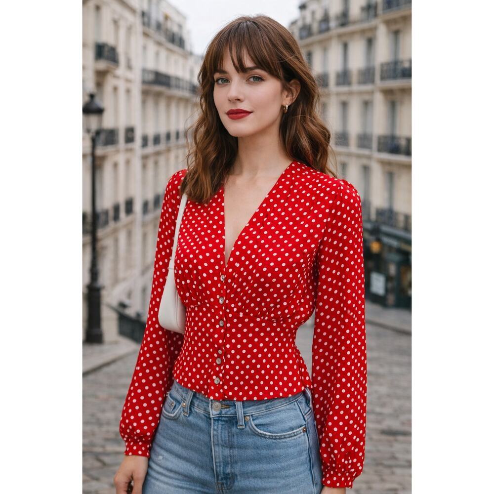 Free People Love Street red & White polka dot blouse in Size XS Twee Retro